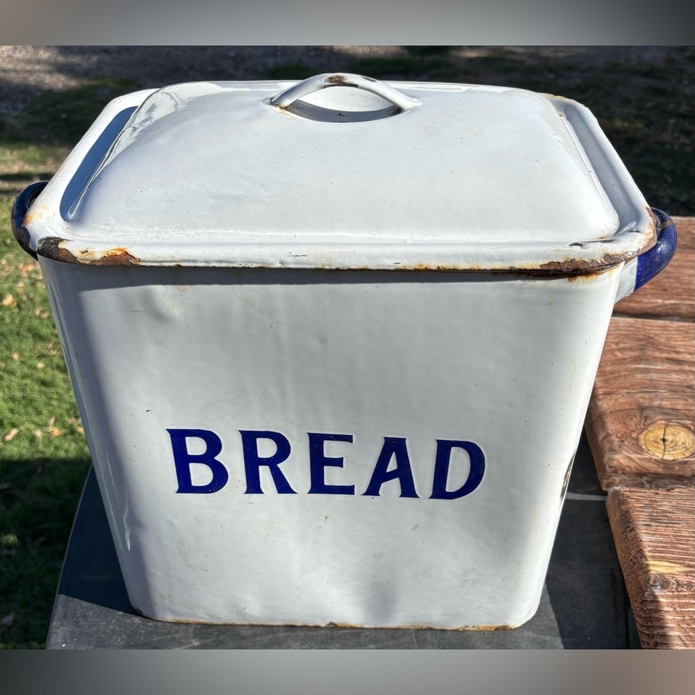 American Vintage White and Blue Bread Box